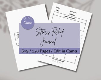 Stressavlastningsdagbok PDF direktutskrivbar nedladdning, stresslogg, psykisk hälsovård, redigerbar i Canva