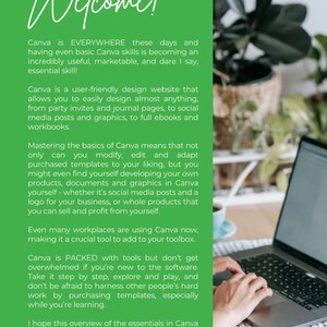 Op de afbeelding: Een felgroene informatieve afbeelding met de tekst Welcome! gevolgd door verschillende alinea's die het nut van Canva uitleggen voor het ontwerpen van social media berichten, afbeeldingen en documenten, naast een laptop op een tafel.