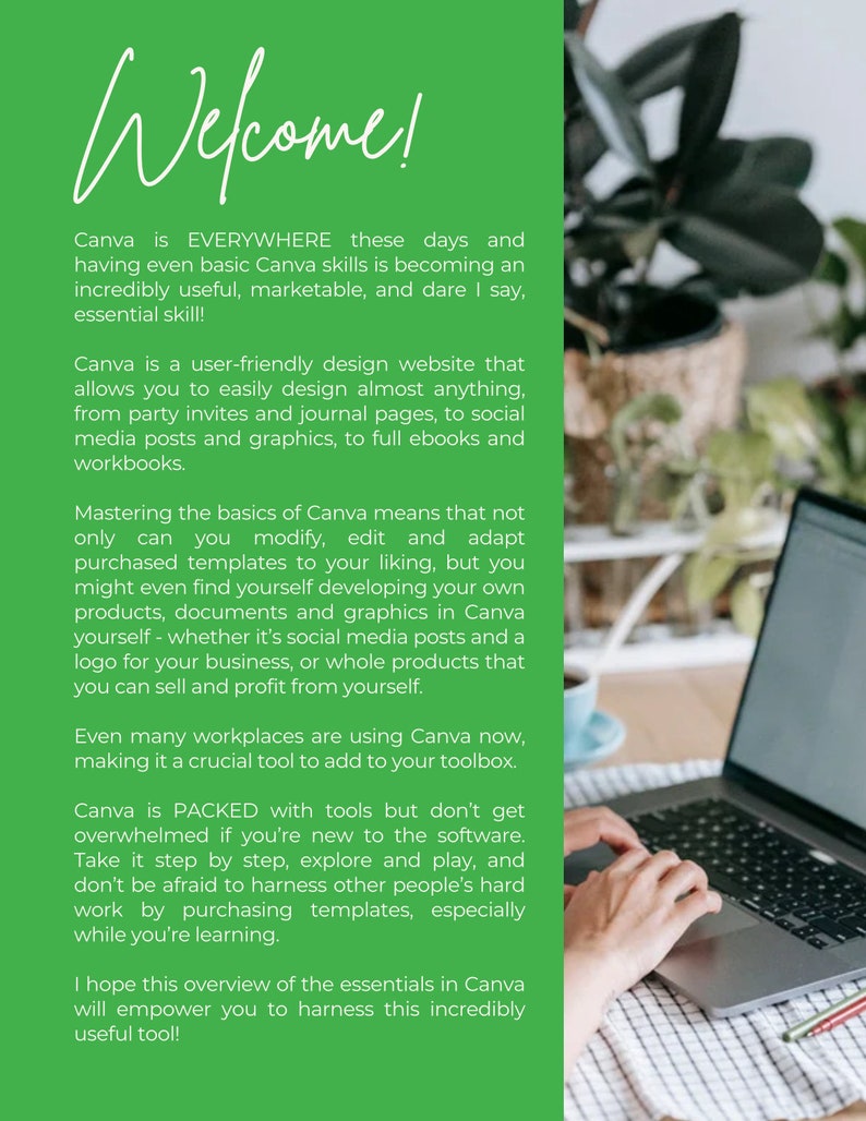 Op de afbeelding: Een felgroene informatieve afbeelding met de tekst Welcome! gevolgd door verschillende alinea's die het nut van Canva uitleggen voor het ontwerpen van social media berichten, afbeeldingen en documenten, naast een laptop op een tafel.