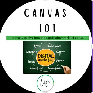 Op de afbeelding: Een cirkelvormige afbeelding met de titel CANVAS 101 en de tekst Get ready to dive into the captivating world of Canva! Het bevat een groene schoolbordillustratie die een digitale marketingcyclus toont met termen zoals Brand en Advertising.
