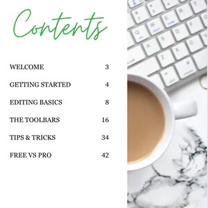 Op de afbeelding: Een documentpagina met de titel Contents in groen handschrift, met de secties: WELCOME 3, GETTING STARTED 4, EDITING BASICS 8, THE TOOLBARS 16, TIPS & TRICKS 34 en FREE VS PRO 42, naast een wit computertoetsenbord, een koffiemok en een gouden clip.
