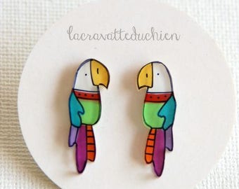 Parrot earrings, bird stud earring, colorful illustrated jewelry