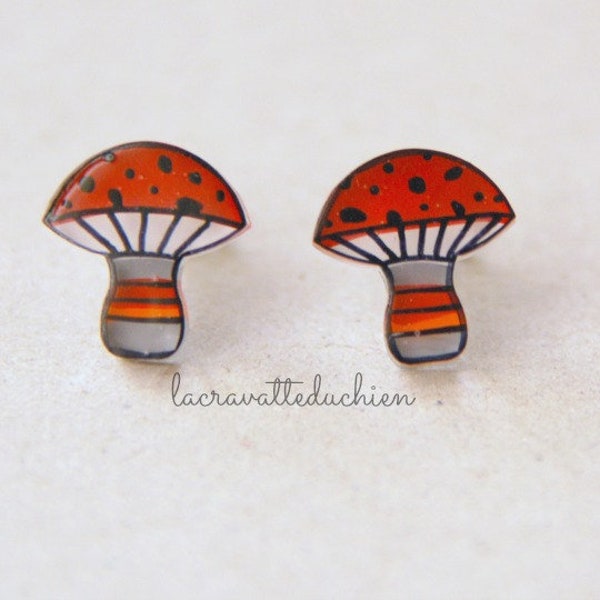 Mushroom stud earrings, Woodland Mushroom Jewelry, Illustrated jewelry, Toadstool stud earrings