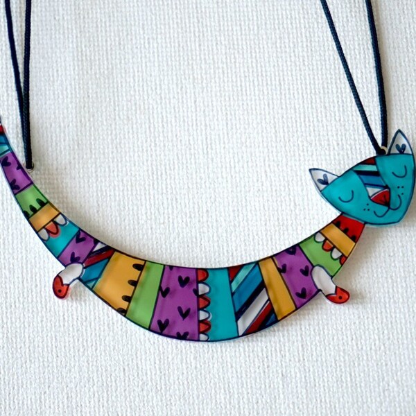 Cat statement necklace, illustrated cat jewelry, colorful gift for her, cute acrylic cat necklace