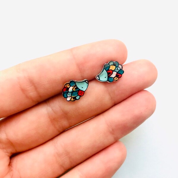 Hedgehogs stud earrings, Animal jewelry, illustrated acrylic jewelry, blue teal porcupine