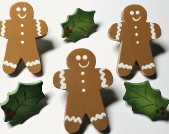 Gingerbread Man Push Pins, Holly Leaves, Berries, Christmas Decor, Holiday Pins, Decorative Push Pins, Cork Board Thumb Tacks, Memo Pins,