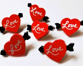 Valentine Push Pins, Heart Push Pins, Love Tacks, Love Note Pins, Arrow, Memo Board Pins, Hand Painted Heart Pins, Red Heart Pins, Love Pins