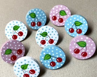 9 Retro Cherry Push Pins, Mid Century Style, Bulletin Board Pins, Hand Painted Pins, Decorative Push Pins, Cork Board Tacks, Vintage Kitchen