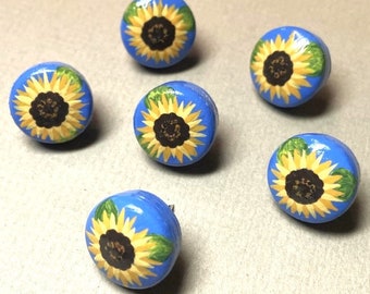 Sunflower Push Pins, Hand Painted Pins, Wooden Push Pins, Flower Tacks, Miniature Art, Cork Board Tacks, Dorm, Bedroom, Decorative Push Pins