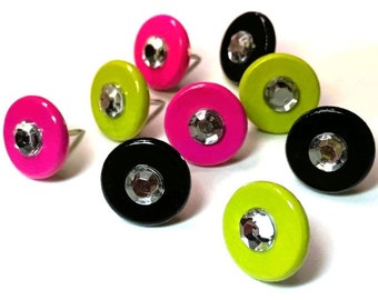 Diva Push Pins, Bling, Fancy Push Pins, Hand Painted Pins, Decorative Push Pins, Cork Board Tacks, Black, Citron Green, Hot Pink, Sparkly