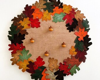 Autumn Oak Leaf Acorn Wreath Bulletin Board, Fall Memo Board, Decorative Push Pins, Handmade, Hand Painted, Fabric Message Board, Acorn Pins