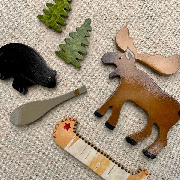 Moose Push Pin, Bear, Birch Bark Canoe, Up North, North Woods, Rustic Theme, Cork Board Pins, Hand Painted, Decorative Push Pins, Log Cabin