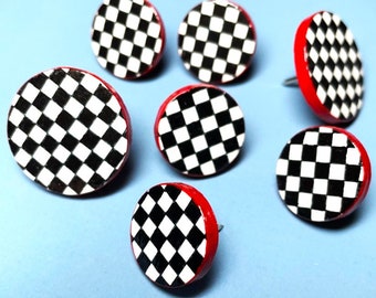 Black White Check Push Pins, Mid Century Look, Retro Chic, Art-Deco, Decorative Push Pins, Cork Board Tacks, Hand Painted Pin, Classic, Wood