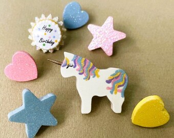 Happy Birthday Push Pins, Party Pins, Birthday Cake Pin, Unicorn Pin, Heart Pins, Star Tacks, Decorative Push Pins, Hand Painted Pins, Memo