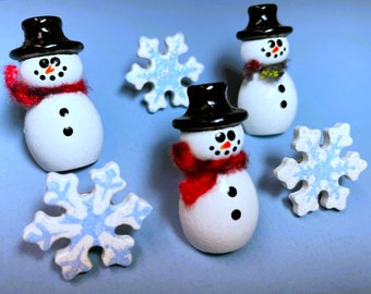 Snowman Snowflake Push Pins, Hand Painted Wood, Christmas Push Pins, Holiday Push Pins, Decorative Pins, Cork Board Tacks, Winter Push Pins