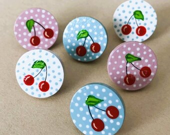 6 Retro Cherry Push Pins, Mid Century Style, Bulletin Board Pins, Hand Painted Pins, Decorative Push Pins, Cork Board Tacks, Vintage Kitchen