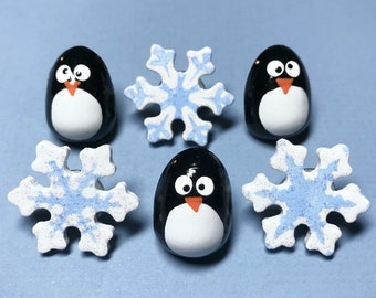 Penguin Push Pins, Snowflake Tacks, Christmas Push Pins, Holiday Pins, Decorative Pins, Cork Board Tacks, Winter, Hand Painted Pins, Memo