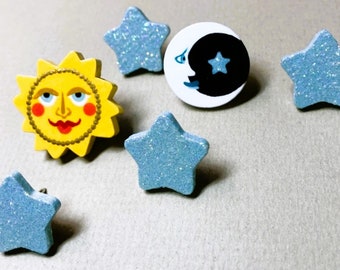 Sun Moon Star Push Pins, Celestial Push Pins, Hand Painted Pins, Cork Board Tacks, Decorative Push Pins, Heavenly Bodies, Iridescent Glitter