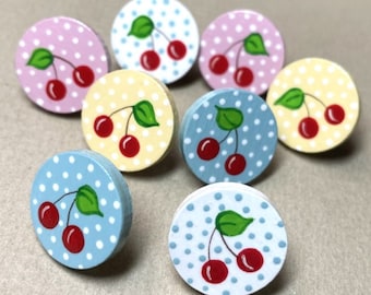 8 Retro Cherry Push Pins, Mid Century Style, Bulletin Board Pins, Hand Painted Pins, Decorative Push Pins, Cork Board Tacks, Vintage Kitchen