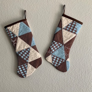 Triangle Reversible Brown and Blue Patchwork Stocking Christmas gift, Holiday decor, Holidays, House warming gift, ready to ship image 1