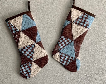 Triangle Reversible Brown and Blue Patchwork Stocking Christmas gift, Holiday decor, Holidays, House warming gift, ready to ship