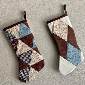 Triangle Reversible Brown and Blue Patchwork Stocking Christmas gift, Holiday decor, Holidays, House warming gift, ready to ship image 6