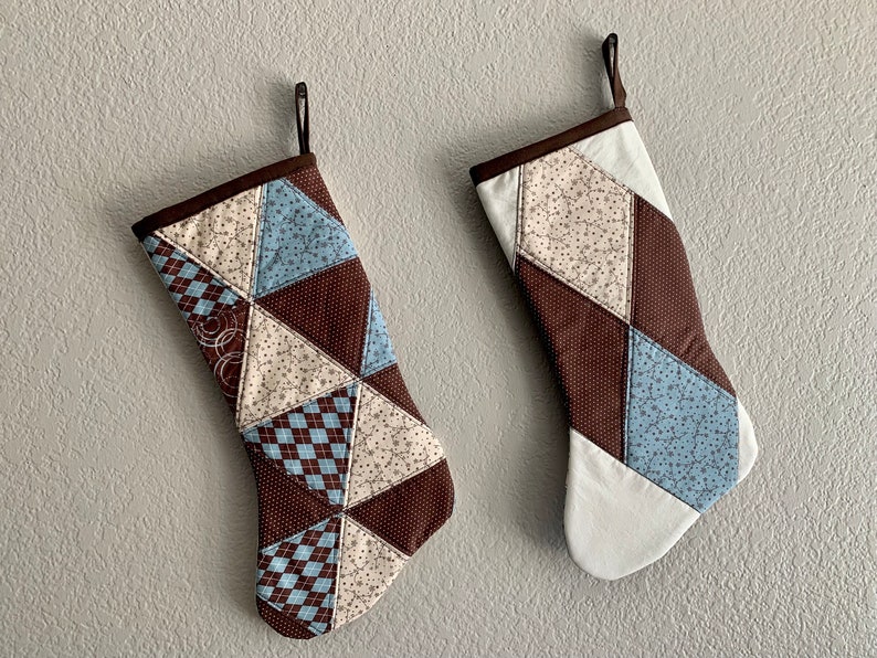 Triangle Reversible Brown and Blue Patchwork Stocking Christmas gift, Holiday decor, Holidays, House warming gift, ready to ship image 6