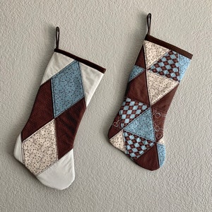 Triangle Reversible Brown and Blue Patchwork Stocking Christmas gift, Holiday decor, Holidays, House warming gift, ready to ship image 2