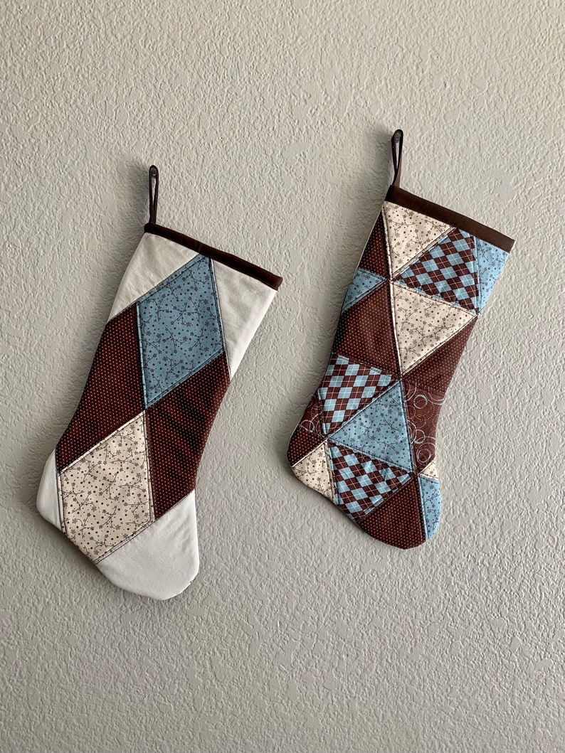 Triangle Reversible Brown and Blue Patchwork Stocking Christmas gift, Holiday decor, Holidays, House warming gift, ready to ship image 2