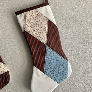 Triangle Reversible Brown and Blue Patchwork Stocking Christmas gift, Holiday decor, Holidays, House warming gift, ready to ship image 4