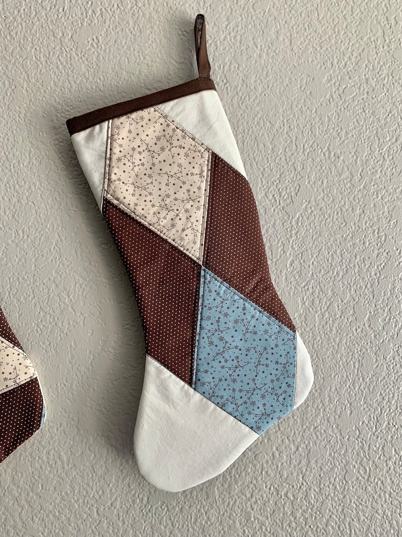 Triangle Reversible Brown and Blue Patchwork Stocking Christmas gift, Holiday decor, Holidays, House warming gift, ready to ship image 4