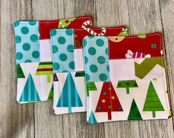 Scrappy Christmas Coaster Set of 3:  Christmas gift, Holiday decor, Holidays, Winter, Cozy, House warming gift, ready to ship, Christmas