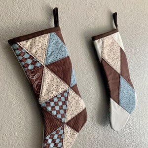 Triangle Reversible Brown and Blue Patchwork Stocking Christmas gift, Holiday decor, Holidays, House warming gift, ready to ship image 7