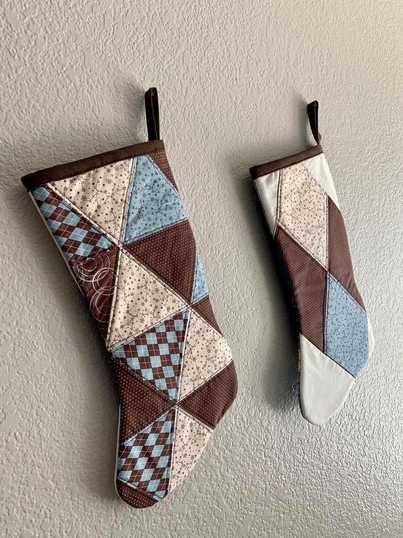 Triangle Reversible Brown and Blue Patchwork Stocking Christmas gift, Holiday decor, Holidays, House warming gift, ready to ship image 7