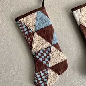 Triangle Reversible Brown and Blue Patchwork Stocking Christmas gift, Holiday decor, Holidays, House warming gift, ready to ship image 5