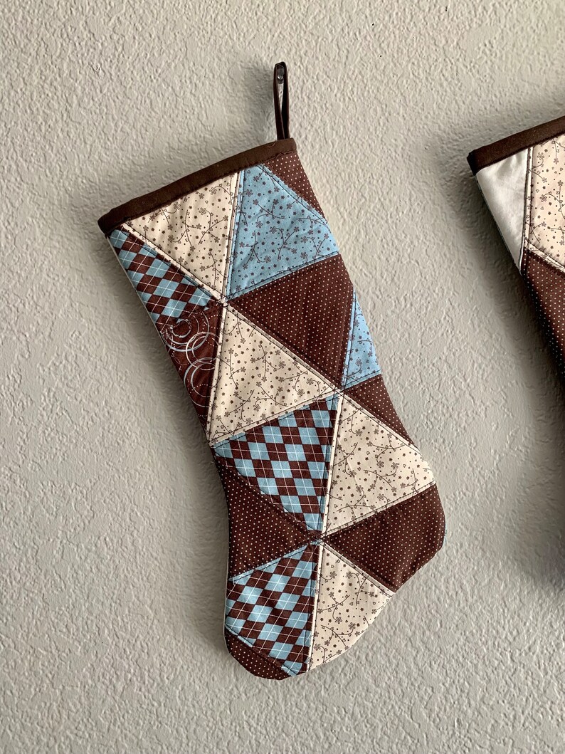 Triangle Reversible Brown and Blue Patchwork Stocking Christmas gift, Holiday decor, Holidays, House warming gift, ready to ship image 5