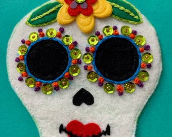 Colorful Felt Sugar Skull Ornament - Day of the Dead Decor