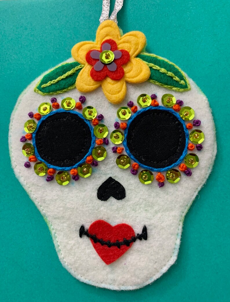 Colorful Felt Sugar Skull Ornament Day of the Dead Decor image 1