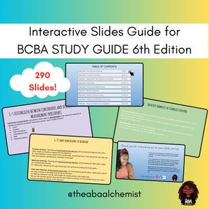 Może przedstawiać: Kolorowy cyfrowy przewodnik po egzaminie BCBA z 290 slajdami. Przewodnik zawiera spis treści, slajd o ciągłych i nieciągłych procedurach pomiarowych, slajd o wymiarach kształtu zachowania oraz slajd z podziękowaniem od twórcy.