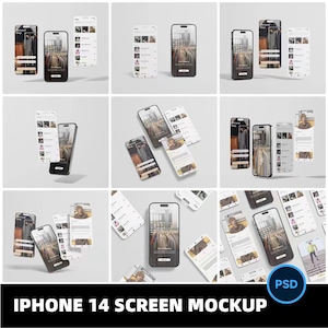 May include: Mockup of an iPhone 14 screen displaying a mobile app with a shopping cart icon and the text "Online Shopping". The screen is surrounded by other mockups of the same phone, each displaying different app screens.