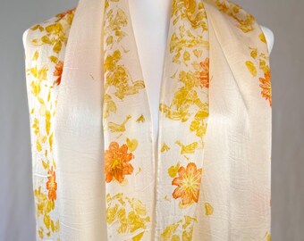 ECO PRINTED Mulberry Silk Khata Offering Scarf, Marigold petals and Sulphur Cosmos, Designed for Gomde California