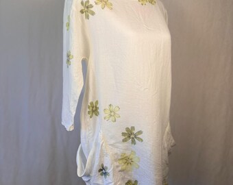 ECO PRINTED Linen Tunic / Mini Dress with Gathered Pockets and Hammered Cosmos Flowers,  Color Natural, Size Medium