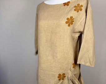 ECO PRINTED Linen Tunic / Mini Dress with Gathered Pockets and Hammered Sulphur Cosmos Flowers,  Color Headlands, Size XL