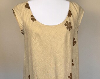 ECO PRINTED Linen Bias Cut Cap Sleeve Trapeze Dress in Headlands, w/ hammered Cosmos Flowers, Size Medium