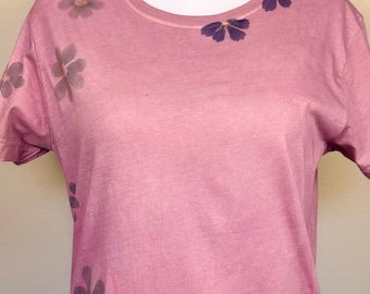 ECO PRINTED Ring Neck T Shirt RELAXED Fit, Color Mesa, w/ Hammered Red Cosmos, Size Large