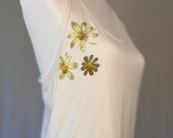 ECO PRINTED Tank Yoga Top Semi RelaxedFit, Color White, w/ Hammered Cosmos and Zinnia Flowers, Size Large #2 Bella Canvas Brand