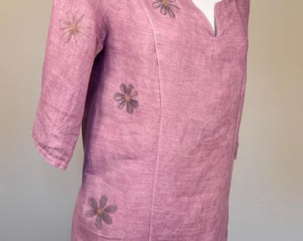 ECO PRINTED Linen Straight Line Paneled Tunic with Pockets and  Hammered Sulphur Cosmos Flowers,  Color Mesa Size Medium