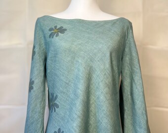 ECO PRINTED Sabrina Wide Neck Line Linen Tunic/Bell Sleeves,  Color Inverness, with Hammered Cosmos Flowers, Size Large