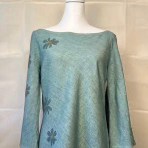 Size Large ECO PRINTED Linen Tunic / Mini Dress with Gathered Pockets and Hammered Flowers, Color Inverness