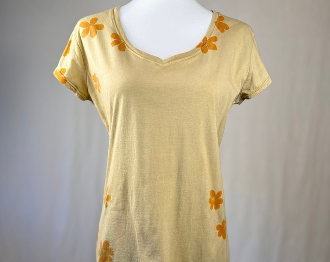 Featured listing image: ECO PRINTED V Neck T Shirt Dress Color Headlands, w/ hammered Sulphur Cosmos Flowers